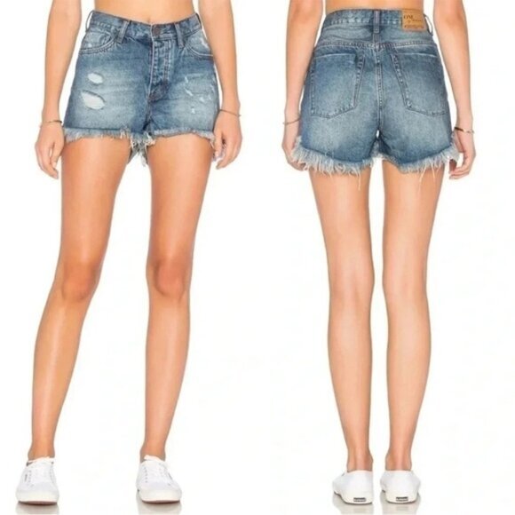 One Teaspoon High Waist Bonita Jean Shorts Blue Fringe Distressed Denim Cutoffs - Picture 3 of 15